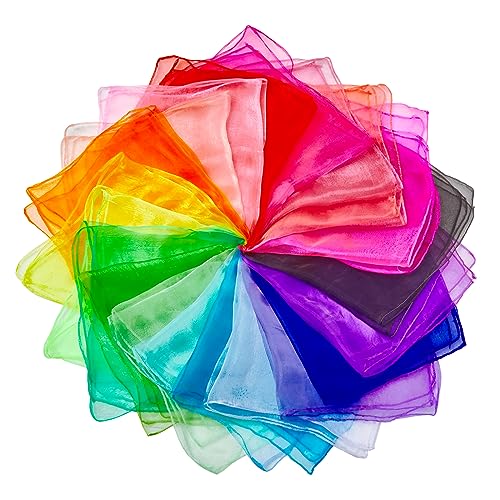 Rovtop 38 Stück Square Jongliertücher, Chiffontücher Bunte Tücher Schwungtuch Seidentücher Regenbogen, Tanztücher Zirkus Spielzeug für Baby Kindergarten Kinder Party-Aktivitäten Zubehör 60x60cm