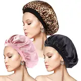 3 Stück Seidenhaube zum Schlafen, Schlafhaube Seide Elastizität Satin Haarhaube für Die Nacht Weiche Bonnet Sleep Cap für Damen(Schwarz,Pink,Leopard)