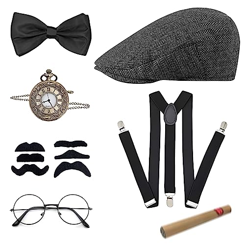 20er Jahre Kostüm Herren Accessoires, Mafia Kostüm Herren, Peaky Blinders Kostüm, Kostüm Party Herren mit Gangster Panamahut Taschenuhr Hosenträger Fliege Bärte Brille, für Karneval Fasching Halloween