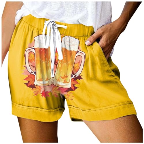 Generisch Massagekleid Damen-Shorts mit Oktoberfest-Biermuster, lässige, bequeme Passform, elastischer Bund, Sommer-Festivalmode Neon Hose Kurz Damen (Yellow, XL)