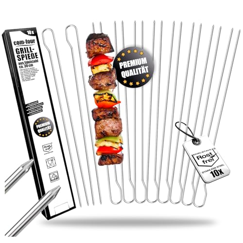 com-four® 10x Grillspieße mit Griff - 30 cm BBQ Doppelspieß aus rostfreiem Edelstahl 430 - Schaschlikspiesse mit Doppelzinken zum Fixieren von Fleisch, Fisch, Gemüse (10 Stück – Edelstahl oval)