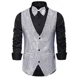 YILEEGOO Herren Glänzende Pailletten Weste V-Ausschnitt Regular Fit Party Kleid Anzug Weste Fliege 2 Stück Set, silber, XXL