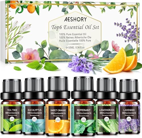 AESHORY Ätherische Öle Set für Diffuser 6 x 10ML, 100% Naturrein Aromatherapie Duftöl, Aroma Öl Geschenkset für Seife, Kerzen, Luftbefeuchter, SPA - Lavendel, Minze, Teebaum, Süßorange, Eukalyptus