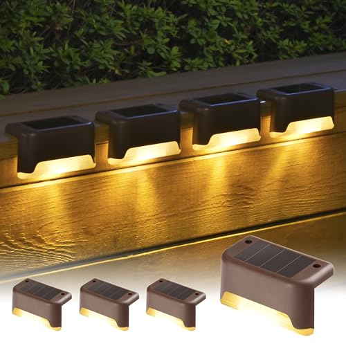 GIGALUMI Solarlampen für außen, 4 Stück Treppenleuchtung, Solar Zaunlichter, Gartenleuchten, wasserdicht Solarleuchten für Balkon, Treppen, Terrassen, Zaun, Hof, Patio (Braun, Warmweiß)