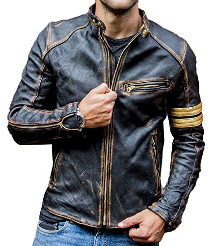 Herren-Motorradjacke, echtes Leder, Vintage-Stil, Schwarz Gr. XL, Schwarz
