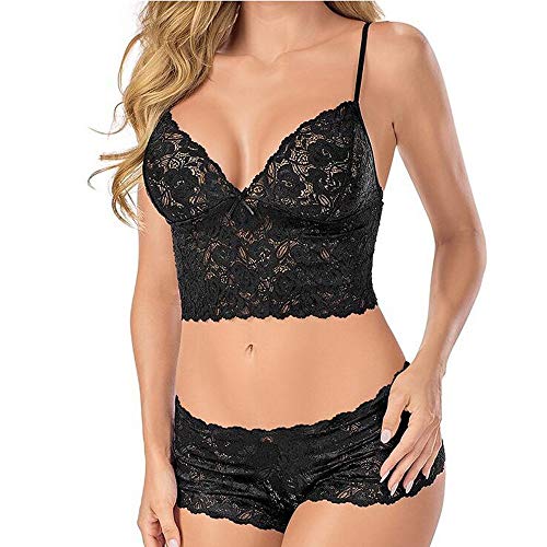 QWUVEDS Unterwäsche Blumen Spitze Set schieben Sie Korsett Frauen Unterwäsche Top BH + Briefs nach Oben Body Mit Tiefem Ausschnitt (Black, XXL)