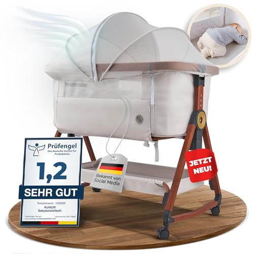 KUNU® Original Baby-Beistellbett - Von Eltern für Eltern - Skandinavisches Design - Rollbar & Wiegefunktion - Höhenverstellbar - Babyoptimierte Matratze - inkl. Reisetasche