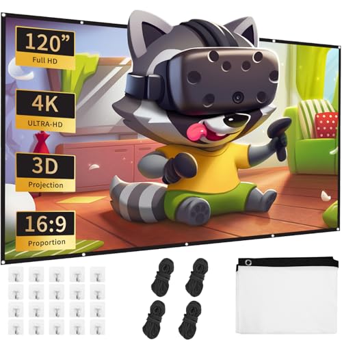 120 Zoll Leinwand Beamer,Faltbare Leinwand 16:9 Einfache Hängende Filmleinwand mit Haken, Seilen, 120 Zoll für Heimkino, Freiluftkino, Schule, Treffen, Camping