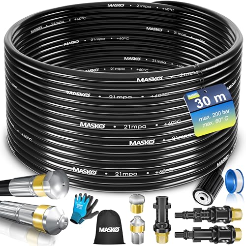 MASKO® Premium Rohrreinigungsschlauch Set Abflussreiniger 30m, 200 bar inkl. Isolierband, Tasche 3 Adapter 2 Düsen kompatibel mit Kärcher k2-k7 LAVOR Hochdruckreiniger Rohrreinigungsset + Handschuhe