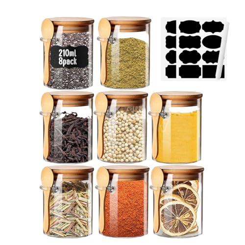 Gewürzgläser Set mit Etiketten 7oz Kleine Vorratsdosen mit Deckel Luftdicht und Löffel Overnight Oats Container Küchenzubehör Lagerung Gläser Behälter für Kräuter/Tee/Zucker/Gewürz/Badesalz/Salz 8PCS