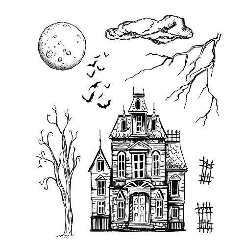 HalloweenHausgebäude, Baum Braches Fledermäuse Mond Stempel für Kartengestaltung DIY Scrapbooking Papier Basteln Transparente Gummistempel