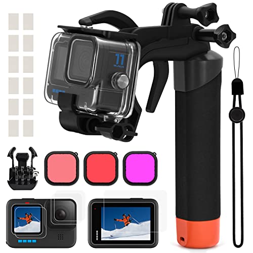 Zubehör Set Kit für GoPro Hero 12 11 10 9 Black, oGoDeal Wasserdicht Schutzhülle Gehäuse Unterwasser Schwimmender Handgriff Displayschutz Rotfilter, Einhändige Unterwasser-Fotoserie Set