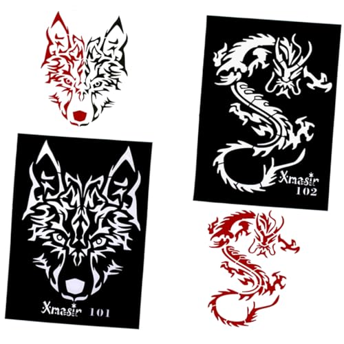 VICASKY 4Stücke Tattoo Schablonen Glitzer Drachen Wolf Und Tiger Motive Für Airbrush Und Glitzertattoos Körperkunst Vorlagen Für Damen Und Herren