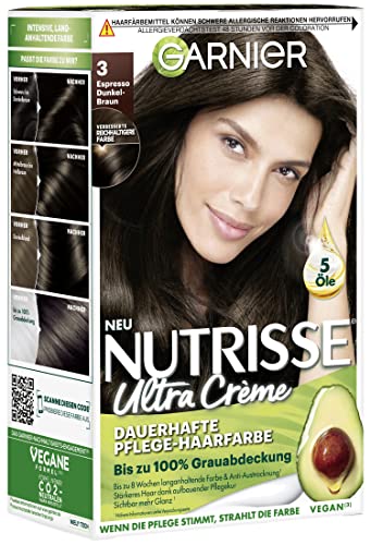 Garnier Nutrisse Dauerhafte Pflege-Haarfarbe mit nährenden Fruchtölen, Coloration mit 8 Wochen Halt, Ultra Crème Tönung, 030 Espresso