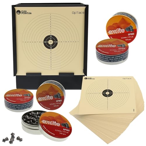 OpTacs Set Kugelfangkasten Maxi 14x14 cm + 5x100 H&N Excite Spike Diabolos + 10 Zielscheiben Luftgewehr
