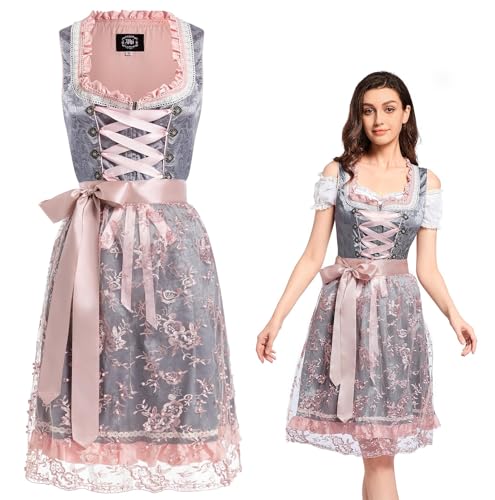 VKI Midi Dirndl Damen Kleid mit Spitzenschürze, Bayerische Tracht Oktoberfest Damen Outfit, Grau/Rose