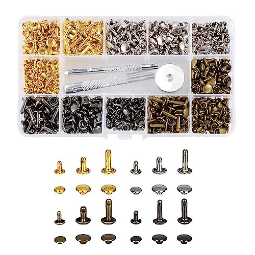 GIGIIS Leder Nieten 360 Set Doppelkappe Nieten 3 Größen Ledernieten Metallnieten Set Metall Doppelkappe Nieten Set mit 3 Stück Fixierung Werkzeug für DIY Leder Handwerk Tasche Gürtel Reparatur