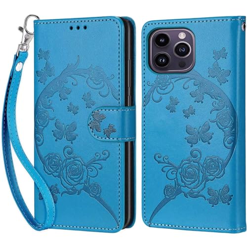 Tivenfezk Nadoli Handyhülle für iPhone 13 Pro,Blumen Schmetterling Hülle PU Leder Klapphülle Klappbar Schutzhülle Handytasche Stoßfeste Brieftasche Flip Case Cover