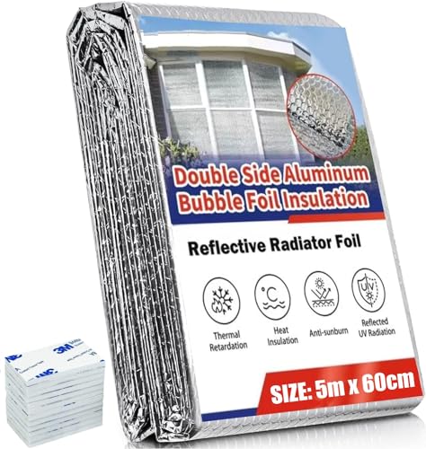 KAHEIGN Isolierfolie Dämmfolie, 5m x 60cm Luftpolster Isolierfolie 4mm Dicke Heizkörperfolie Wärmereflektierende Luftpolsterfolie Reduziert Wärmeverlust mit Klebepads - Isoliert zu 3 Heizkörper