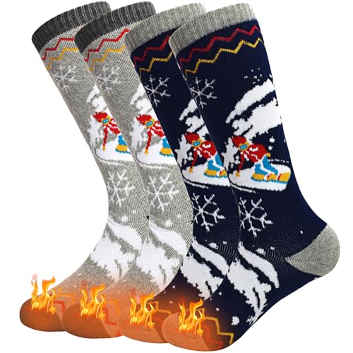 ARERWA Kinder Skisocken Thermisch Knielang Premium - Weich, strapazierfähig und warme Snowboardsocken für Jungen Mädchen (7-12 Jahre) 2 Paare Dunkelblau + Hellgrau