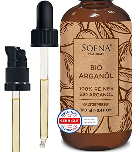 ARGANÖL BIO KALTGEPRESST | 100% Rein | Für Haare Haut & Nägel | Pipette+Pumper | Original aus Marokko | 100ml im lichtgeschützten Braunglas | Für Kosmetik | Feuchtigkeitspflege von Soena