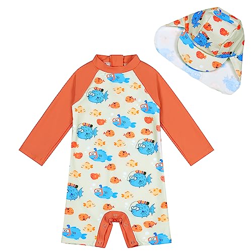 upandfast Baby Mädchen Badeanzug mit Knöpfen UV Schutz Badebekleidung Für Baby(Orange Fisch, 12-18 Monate)