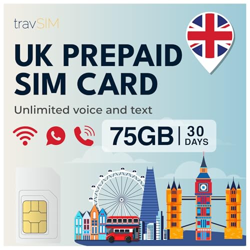 travSIM UK SIM-Karte | 75GB Daten + Unbegrenzte Anrufe & Texte | 4G/5G Geschwindigkeiten | Funktioniert in ganz Großbritannien | SIM-Karte UK ist 30 Tage lang gültig