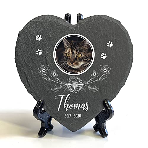 Individueller Personalisiert Herzform Tiergrabstein Schiefer Gedenkstein + Ständer für Hund, Katze und andere Haustiere Tiere - Größe | 10 x 10 cm | - Blumen und Foto