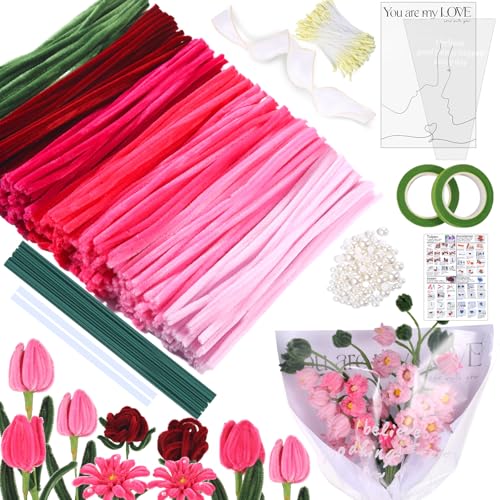 MKLG 385 Stück Pfeifenreiniger Blumen Set, Pfeifenputzer Blumen Zum Basteln, Mit Grüne Blumenstöcke, Klebebandrollen, Klebestifte, Anleitungen, Blumenstraußverpackungen, Bänder, Staubgefäße etc (Rosa)