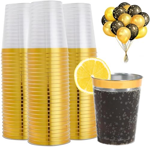 Pecewlos 50 Stück Plastikbecher Mit Golden, 280ml Becher aus Kunststoff Wiederverwendbare Trinkbecher Elegante Party Weingläser für Champagner Bier Cocktail Martini Soda Dessert (9,5 x 7cm)