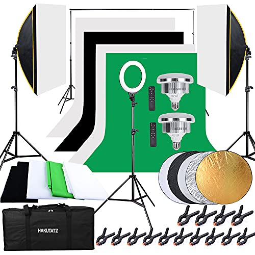 HAKUTATZ® Profi Fotostudio Set Softbox Ringlicht Greenscreen mit Ständer Studioleuchte Set Hintergrundsystem
