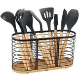 buysigo Küchenutensilienhalter，Besteckhalter aus Metall - Perfekte Organisation für Ihre Küche ，große schwarze Edelstahl Utensil Schale mit hölzernen Basis，3 Fächer Küchenutensilien Caddy，Schwarz