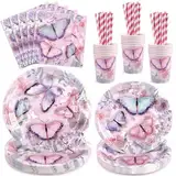 Schmetterling Partygeschirr Set für 20 Gäste, 100 Stück Schmetterling Geburtstag Deko für Mädchen Geburtstag Deko Kindergeburtstag Gehören Partyteller, Servietten, Pappbecher, Papierstrohhalme