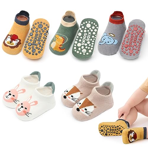 angelikashalala 5 Paar Baby rutschfeste Socken, Anti Rutsch Babysocken with Cartoon Tiermotive für Baby Mädchen Jungen Kinder(3-5 Jahre)