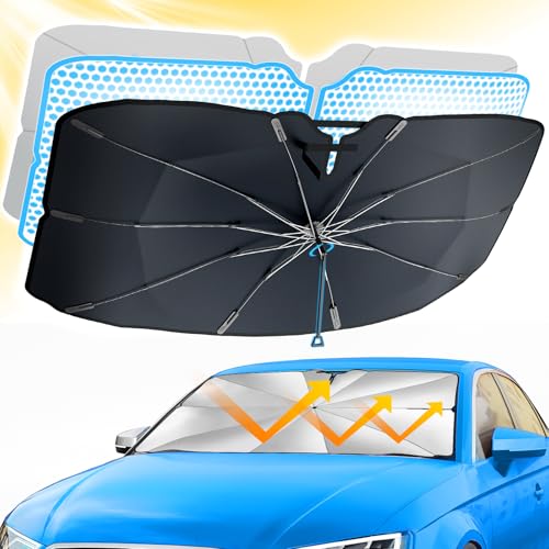 Sonnenschutz Auto Frontscheibe 145*79CM, Behozel 2024 Upgrade Wärmeisolierender Sonnenschirm Auto 360° Drehbar Faltbarer, UV-Schutz, Einfache Lagerung, Kante Kratzfest Innen für Meisten Auto & SUV(XL)