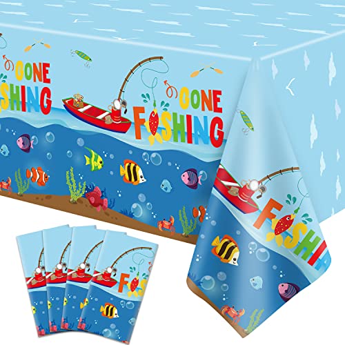 4 Pack Gone Fishing Tischdecken Angeln Geburtstag Dekoration kleine Fischer Tischdecken Rechteck 51'' x 86" Angeln Tischabdeckung für Sommer Baby Dusche Camping Party Supplies