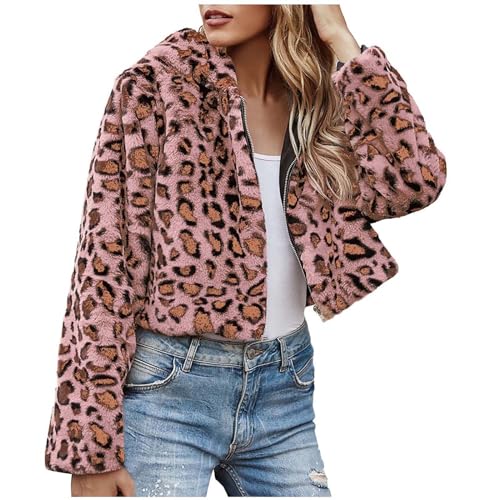 Fleecejacke Damen Kunstpelz Jacke Mantel Damen Elegant Leopard Plüsch Mantel Sexy Leopard Winterjacke Warme Fellmantel Umlegekragen Langarm Fleece Pelzmantel Übergangsjacke Wintermantel mit Kapuze 11