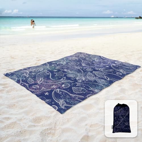 Sunlit Weiche, sanddichte Stranddecke mit Ecktasche und Netztasche für Strand, Party, Reise, Camping und draußen, blaue Wale, 270 x 206 cm
