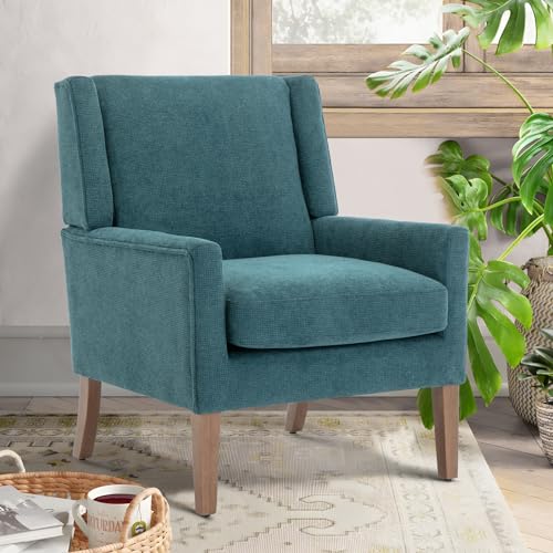 COLAMY Moderner Flügelrücken-Sessel für das Wohnzimmer, Polsterstoff Akzent-Sessel, Einzelsessel mit Loungesitz und Holzbeinen für Büro/Schlafzimmer/Leseecken, Petrol