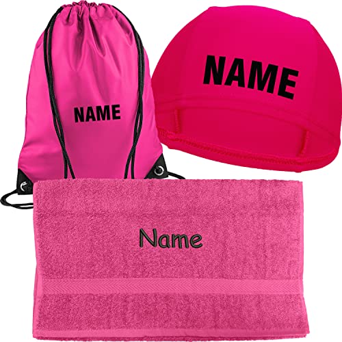 Kinder Badekappe mit Namen Bedruckt | Turnbeutel Druck mit Name | Handtuch mit Wunschnamen Bestickt | Badehaube Schwimmhaube | Schwimmunterricht (Pink, Badekappe + Turnbeutel + Handtuch mit Namen)