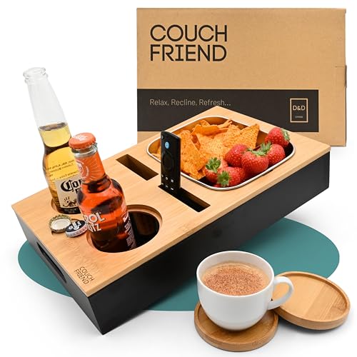 D&D Living® Couch Bar Organizer aus nachhaltigem Bambus | Snackbox mit großer Schale und Kronkorken-Magnet