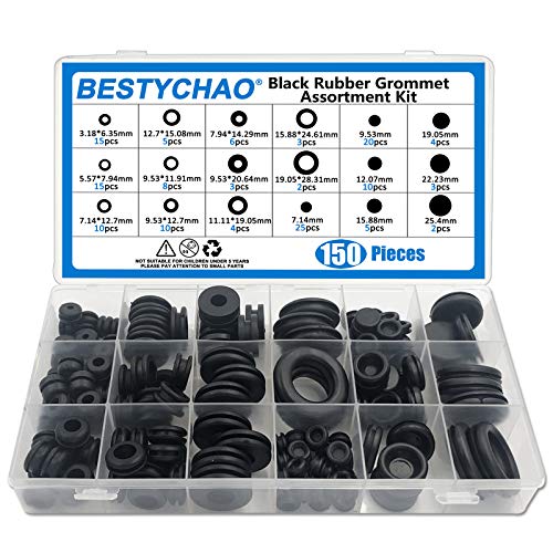 BESTYCHAO 150pcs 18 Größen Schwarze Gummitülle Elektrischer Leiter Dichtungsring-Sortiment zum Schutz von Drähten, Steckern und Kabeln