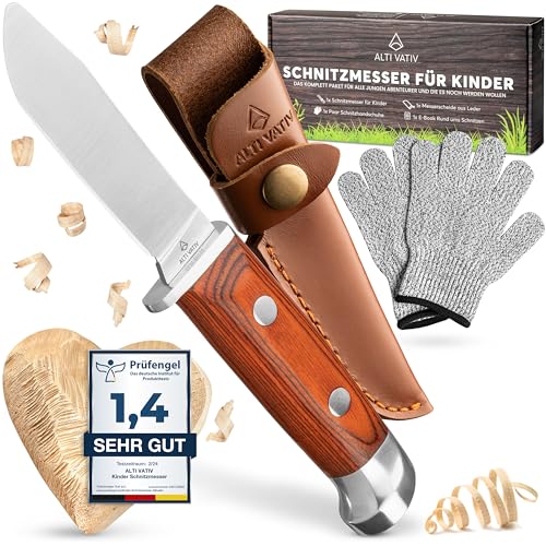 ALTIVATIV - Schnitzmesser Kinder ab 6 Jahren [Tolles Geschenk] Schnittfeste Schnitzhandschuhe für jedes Alter - Extra E-Book Anleitung - Taschenmesser Set mit Messerscheide - Kindermesser ab 6 Jahren