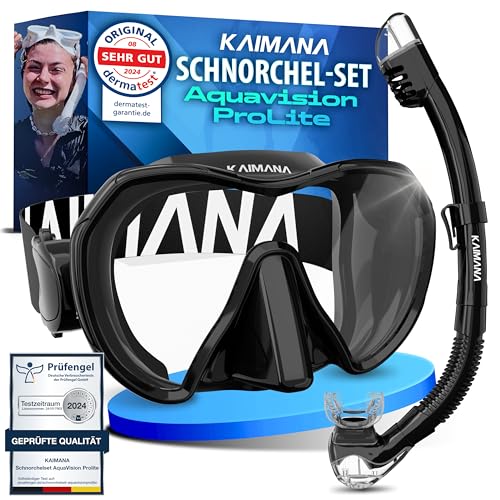 Das Neue KAIMANA® AquaVision Prolite Schnorchelset für Erwachsene inkl. Tragetasche, Bequeme Taucherbrille Erwachsene, Alternative zur Schnorchelmaske, Taucherbrille mit Stoffband/Silikonstrap