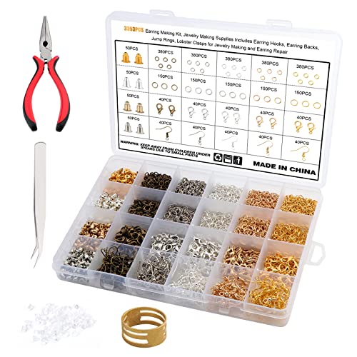 Coolty Ohrring Haken Set 3353 Stück Ohrring Herstellungs Kit mit Ohrringhaken Ohrringverschlüssen Binderingen Karabinerverschlüssen für die Herstellung und Reparatur von Ohrringen Schmuck DIY
