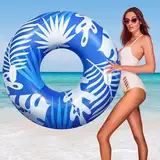 HeySplash Pool Schwimmring Erwachsene, 42 Zoll Groß Schwimmreifen mit Griff, Aufblasbar Wasserspielring, Hawaii Spaß Schwimmen Spielzeug Float Fluss Pool Strand See Party Dekoration, Blau+Weiß Blätter