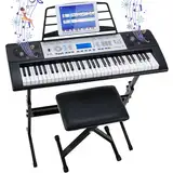 Keyboard Piano Digital Klavier 61 Tasten, E-Piano Tastatur für Anfänger, Electronic Keyboards kinder, 500 Sounds & 3-stufiger Lehrmodus, mit Klavier Ständer, Hocker, LCD, Notenständer, MP3/USB MIDI