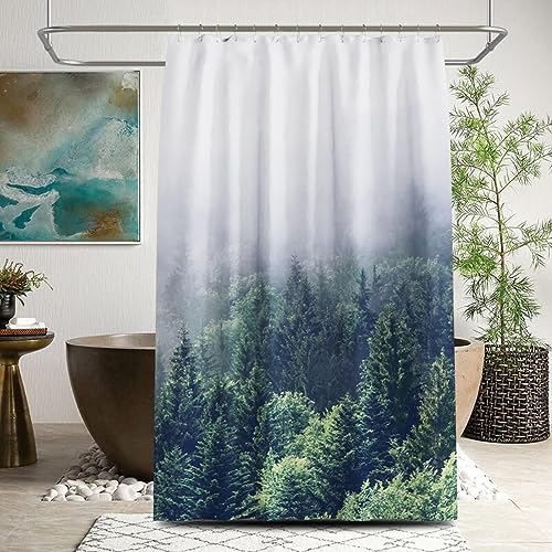 Lieson Anti Schimmel Duschvorhang 80x180CM Grün, Polyester Duschvorhänge Für Badewannen mit ÖSEN Nebel Bäume Badewanne Duschvorhang mit Haken