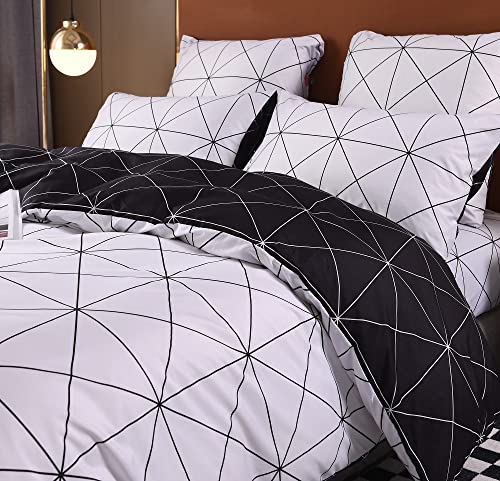 Bettwäsche Kariert 135x200 4teilig Schwarz Weiß Microfaser Grau Bettbezug Karo Streifen Geometrisch Karomuster Zweiseitig Wendebettwäsche Modern Bettbezüge 135 x 200 cm + 2 Kissenbezüge 80 x 80 cm