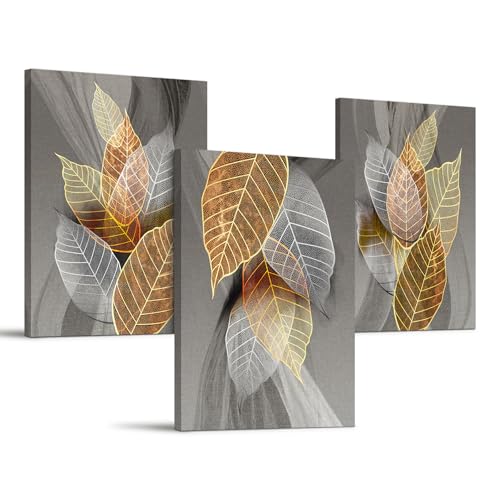 hyidecorart Bilder Schlafzimmer 30x40 cm 3er Set Wanddeko Gold Abstract Blätter, Modern Bilder mit Rahmen für Wohnzimmer Natur Kunstdruck Leinwandbilder für Flur küche Esszimmer Büro Villa Badezimmer